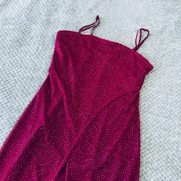 vintage retro y2k cherry red sparkly fitted square neck maxi dress next up M - Picture 1 of 6